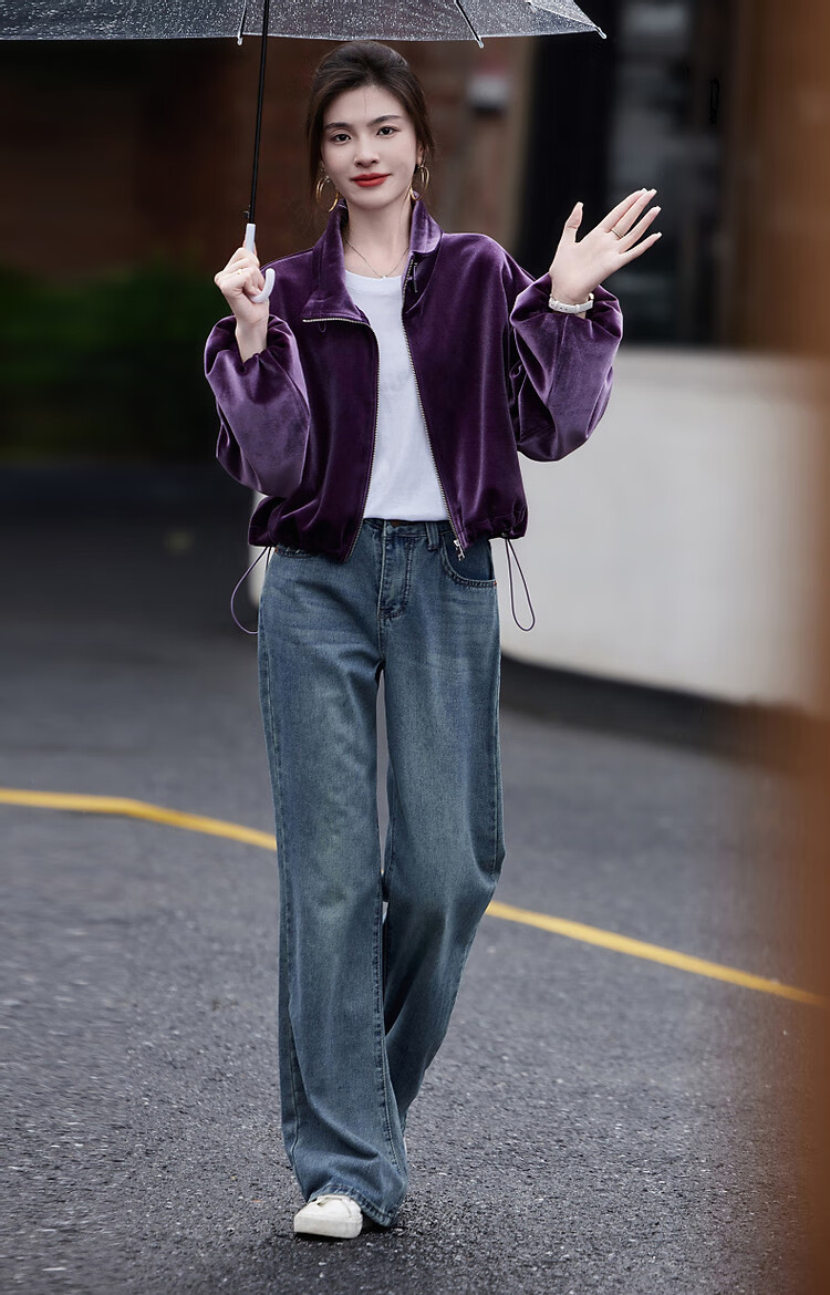 Demana Modern Luxury Spring Autumn Glossy Elegant Velvet Stand Collar Lantern Sleeve Adjustable Drawstring Hem Jacket for Women 11