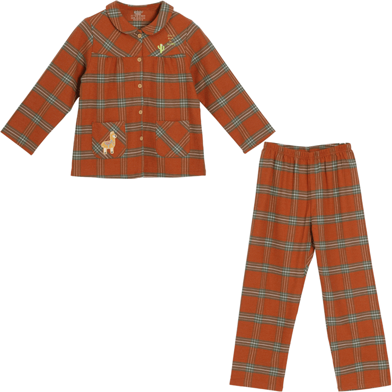 Hodohome Children's Pajamas, Girls' Plaid Cotton Loungewear, Brushed Collar Cardigan, Long-Sleeve Set, 504, Size 150