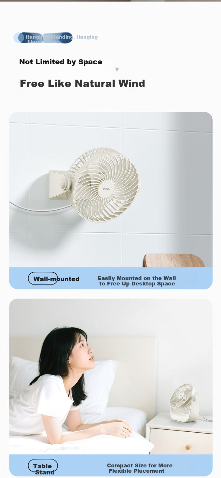 BULL USB Desktop Fan Mini Quiet Small Electric Fan for Home Bedroom Student Dormitory Office Desk Fan Stand Or Wall-Mounted Multi-Purpose - Plug-In Model Miyun White 5