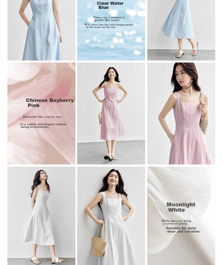Shangdu Bila 100% Cotton A-Line Dress Women Summer Slim Waist Spaghetti Strap Square Neck Casual Mid-Length Dress 5