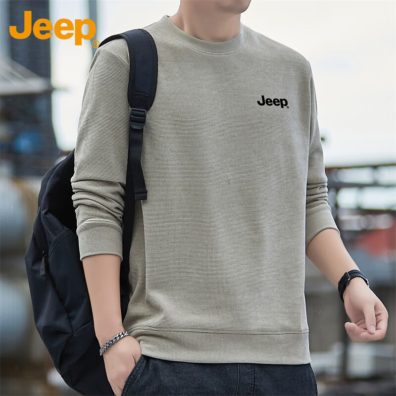 JEEP Men's Sweatshirt, Spring And Autumn Style, Hoodless Round Neck, Loose Long-Sleeve T-Shirt, Trendy Menswear, Khaki, 3XL