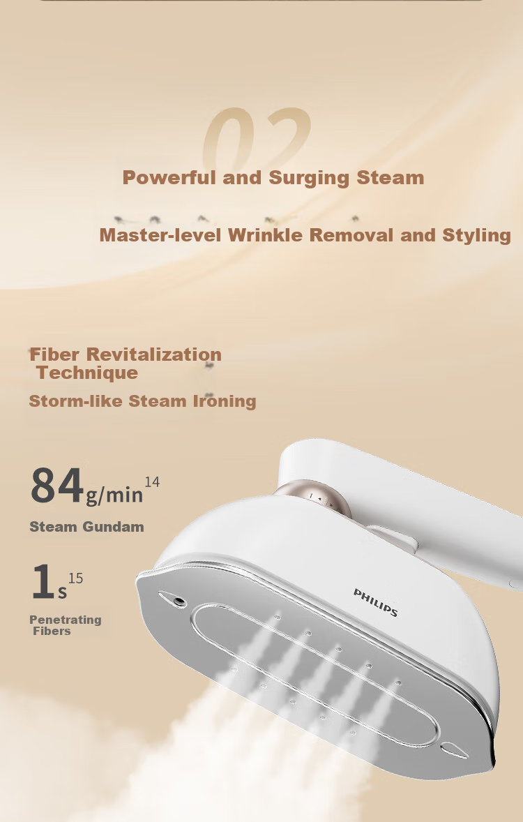 PHILIPS Desktop Space-Saving Iron, Handheld Home Small Garment Steamer, Maximum Steam Output 84g/min, 1L Bean-Shaped Iron STE0950/70, Peach Steam Bag 13