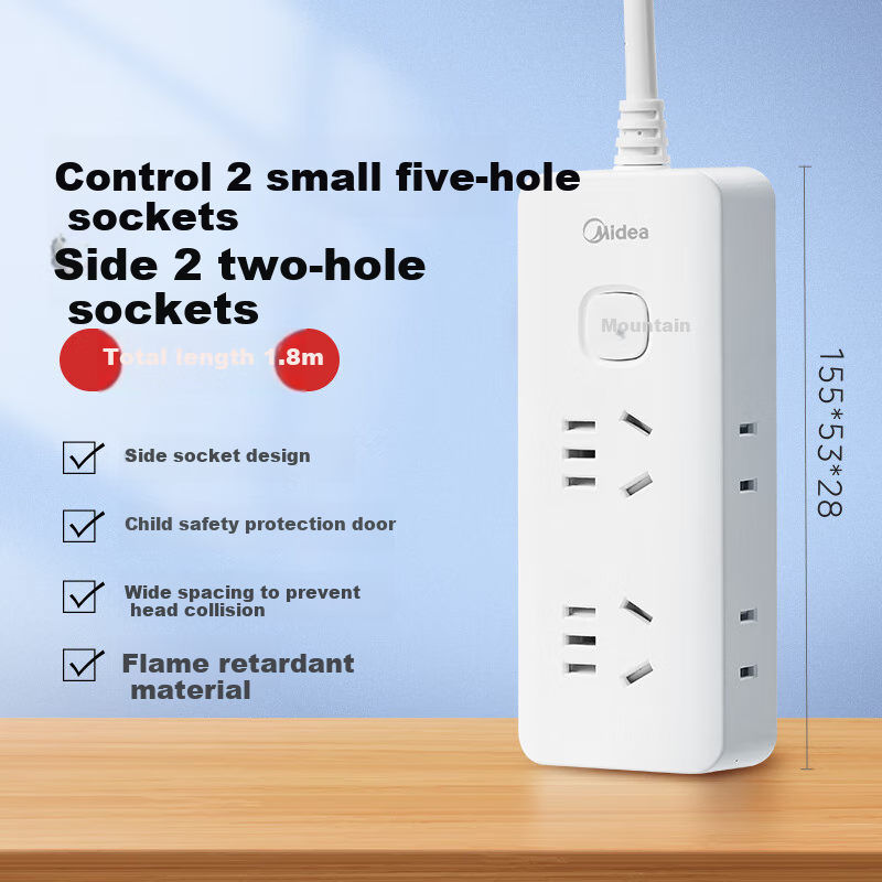 Midea New National Standard Power Strip with Switch/extension Cord/Power Bar/strip Board/terminal Block, Master Switch 4 Outlets Side Insert Full Length 1.8 Meters EP3KC25