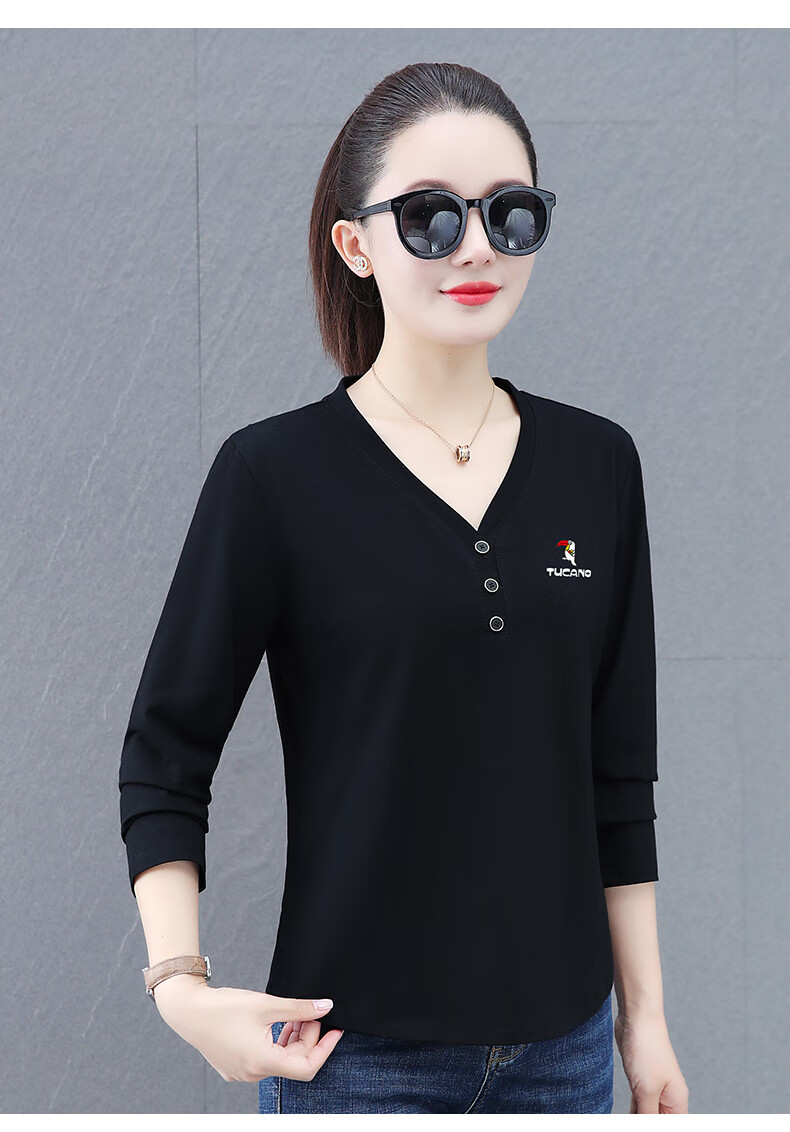 Woodpecker V-Neck Raglan Long Sleeve T-Shirt Women Autumn New Pure Cotton Fashion Casual Plus Size Base Shirt Top Gray Green 2XL 5