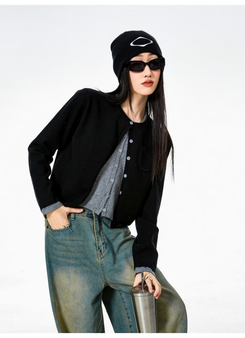 ICH MODE American Vintage Two-in-One Knit Cardigan Women Autumn Winter Sweater Jacket Base Shirt Long Sleeve Top Dark Gray XL 5