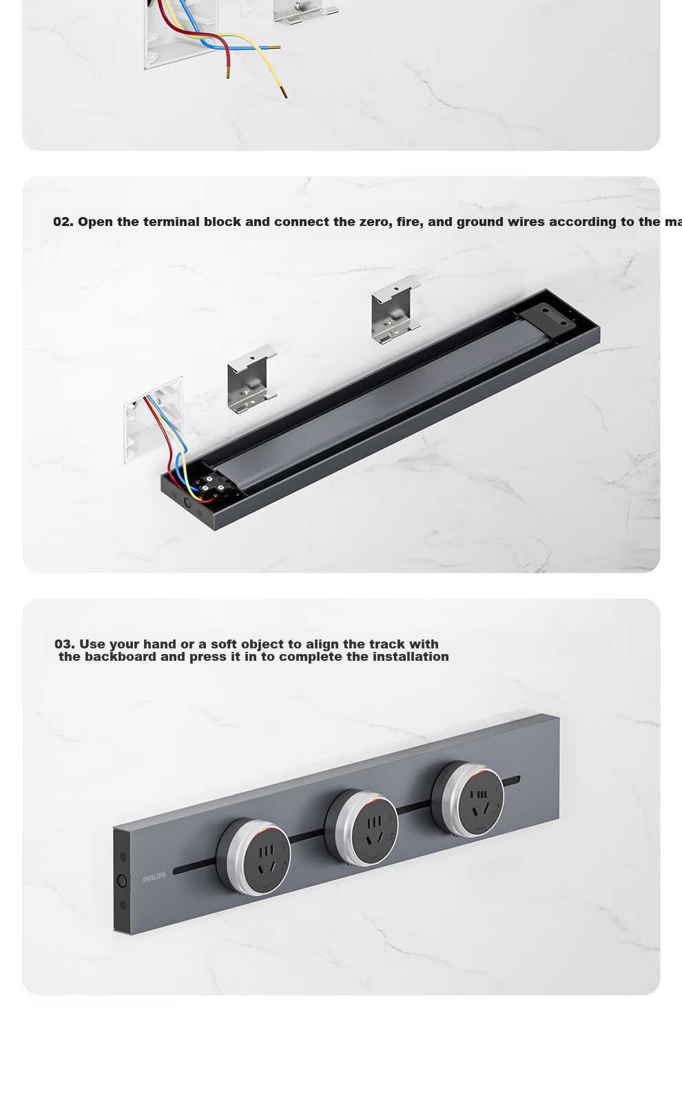 PHILIPS Surface-Mounted Track Socket Switch Panel, Wall-Mounted without Groove, Movable Sliding Rail Panel, Sideboard Track-Type Sliding Power Strip, 42cm Track + 2 Adapters, Gray 13