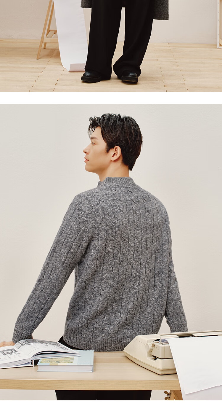 JD Jingzao Coarse Knit Sweater Men's Wool Pullover Winter Gray Crew Neck Cashmere Blend 3XL 14