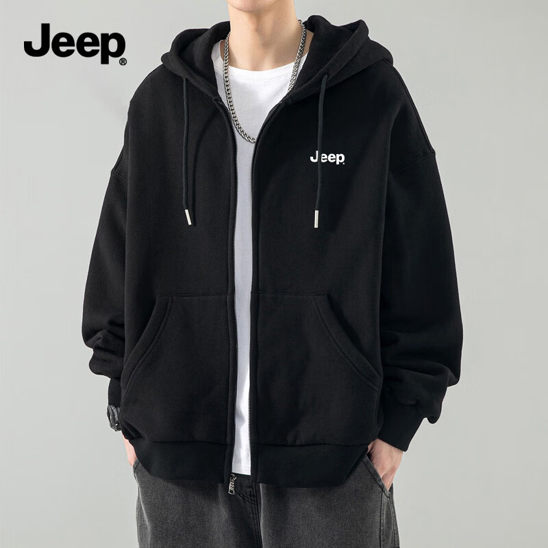 JEEP Men's Zip-Up Hoodie Spring Style 330G Heavyweight Skin-Friendly Casual Versatile Hooded Jacket Black M