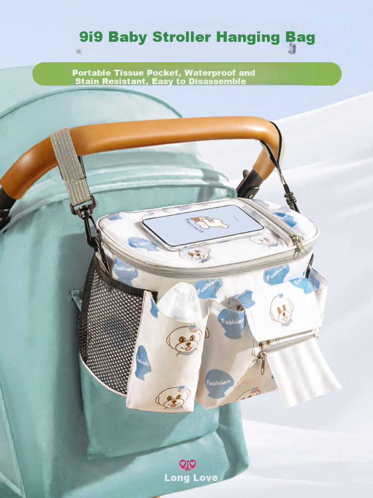 9I9 Baby Stroller Organizer Bag, Mommy Bag, Toddler Car Storage Pouch, Large Capacity Cartoon Design with Touchscreen Function for Outdoor Use 1