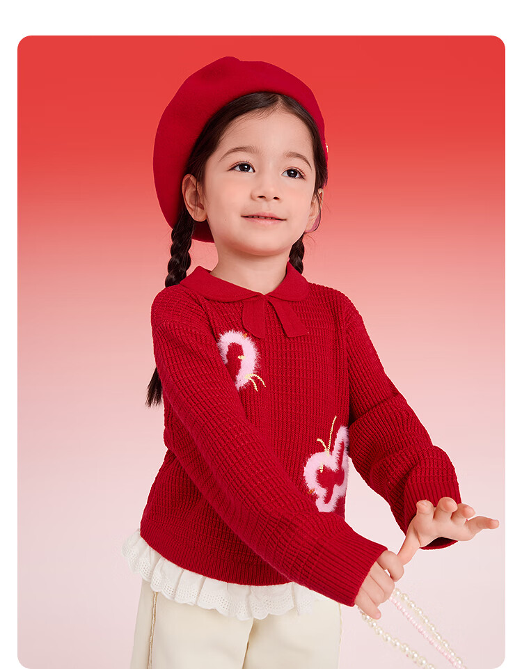 BALABALA 【balaOne】 Kids Sweater Girls Knitwear 2025 Winter Faux Two-Piece Jacquard Knit New Year Outfit 11