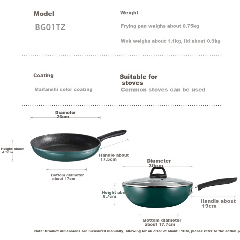 COOKER KING Cookware Set Non-Stick Wok And Frying Pan Two-Piece Set Easy-Clean Compatible with Induction Cooker Green Pot BG01TZ