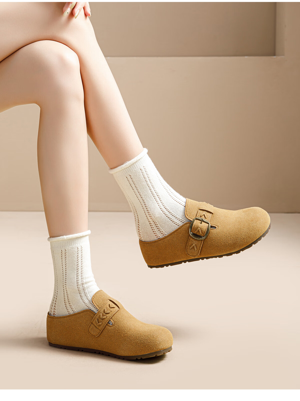 Warrior Thick Sole Birkenstock Women's New Autumn Winter Popular Height Increasing Slip-On Closed Toe Half Slippers Camel Color Size 38 15