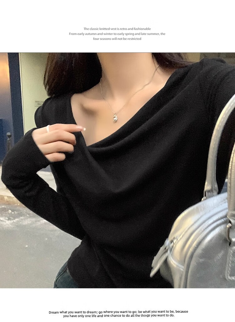 Woodpecker Dangling Collar Long Sleeve T-Shirt Women Autumn New Pure Desire Off-Shoulder Slim Fit Base Shirt Top Apricot XL 13