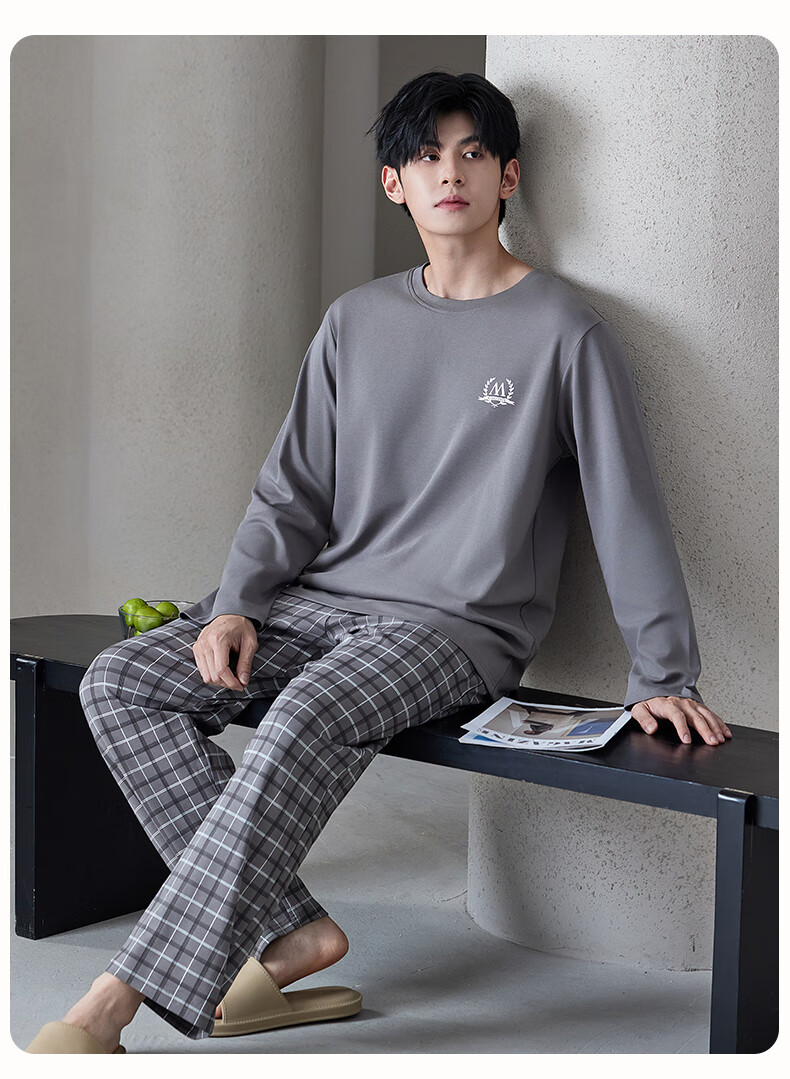 Manza Pure Cotton Pajamas for Men, Spring And Autumn Wear, 2025 New Style Plaid Long-Sleeve Pants, Loose-Fitting Men's Loungewear 2