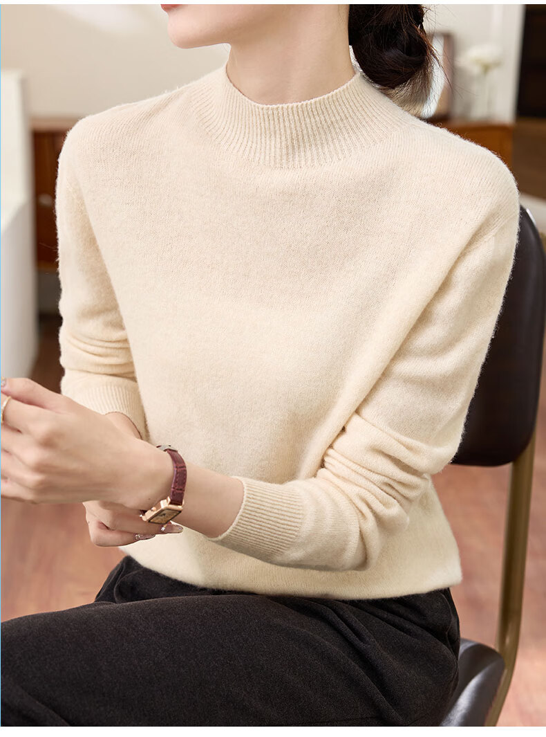 YUZHAOLIN 100% Pure Wool Slim Fit Half Turtleneck Knit Pullover Sweater for Women, Apricot 7