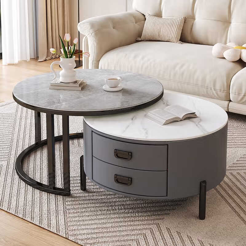 LUOSEN Rock Slab Extendable Coffee Table with Double Legs for Living Room, Round Coffee Table for Various Apartment Sizes, 70cm Gray And 60cm White