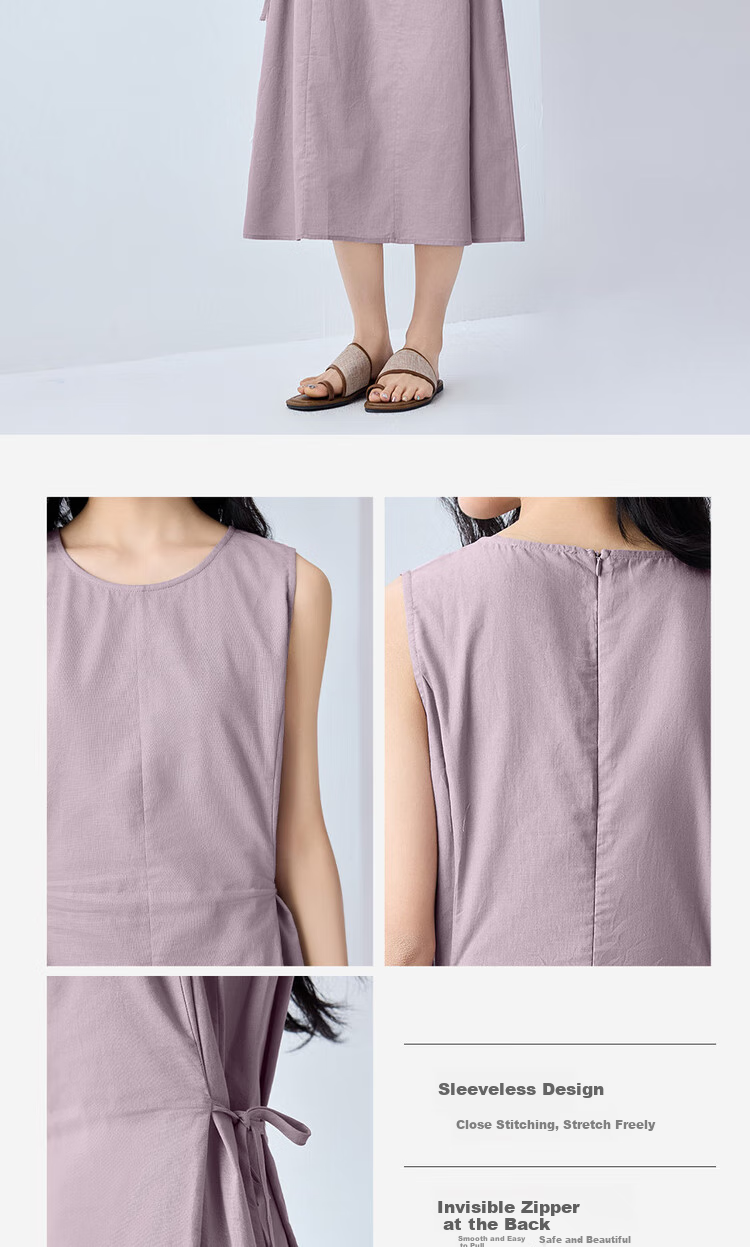 Giordano Sleeveless Dress for Women, Summer New Style Cotton Linen Tie-Waist Round Neck Dress 13465305 8