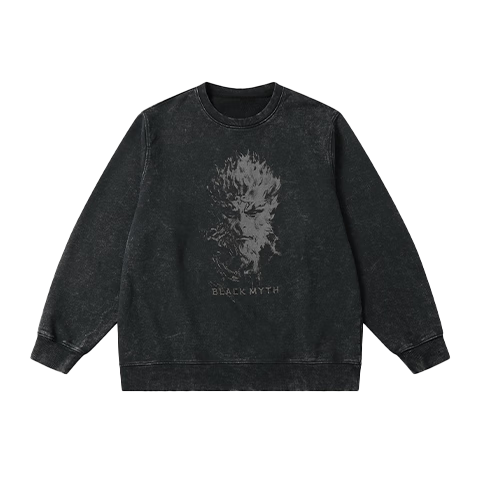 Heishenhua Tianmingren Long-Sleeve Sweatshirt, Unisex Washed Vintage Style with Tianmingren Logo Print, All-Cotton Loose Round Neck Pullover Sports Top, Size M