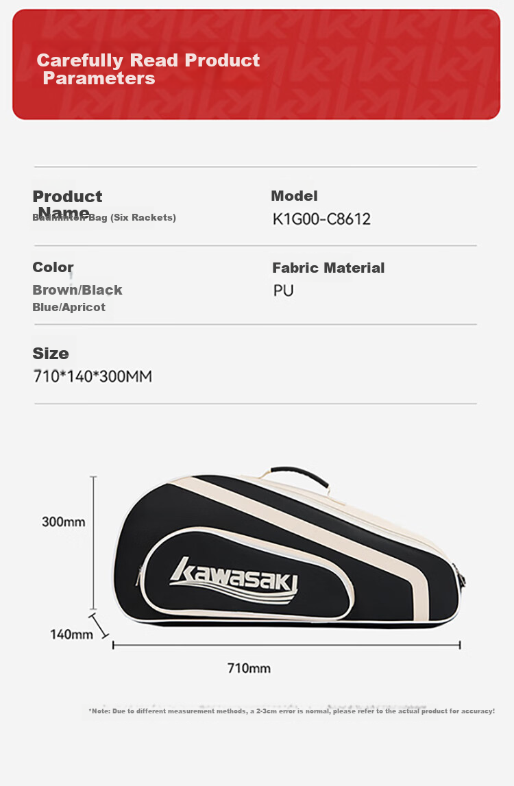 KAWASAKI Badminton Bag, Borderless Retro Handbag, 6-Racket Capacity, Large-Capacity Sports Bag, Tennis Bag C8612, Brow 16