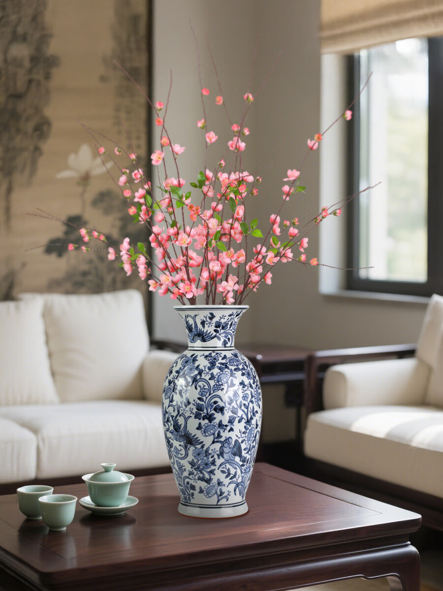 Qiju Yaji Artificial High Branch Peach Blossom Chinese Style Ornament Set of 2 with 9 Branches for Homestay Tea Room Living Room Dining Table Floral Decoration 20395 3