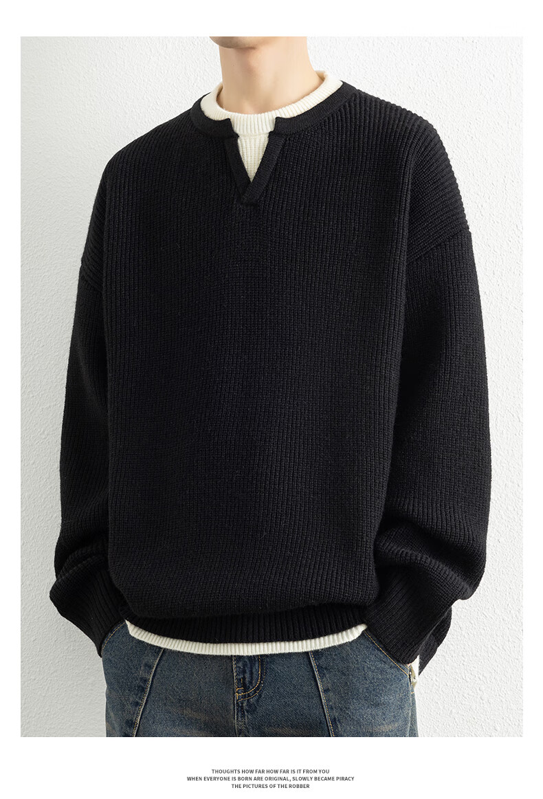 ROMON Men's Autumn Thickened Knitted Sweater, Round Neck, Fake Two-Piece Casual Versatile Pullover, Black 3XL ZH6012 1