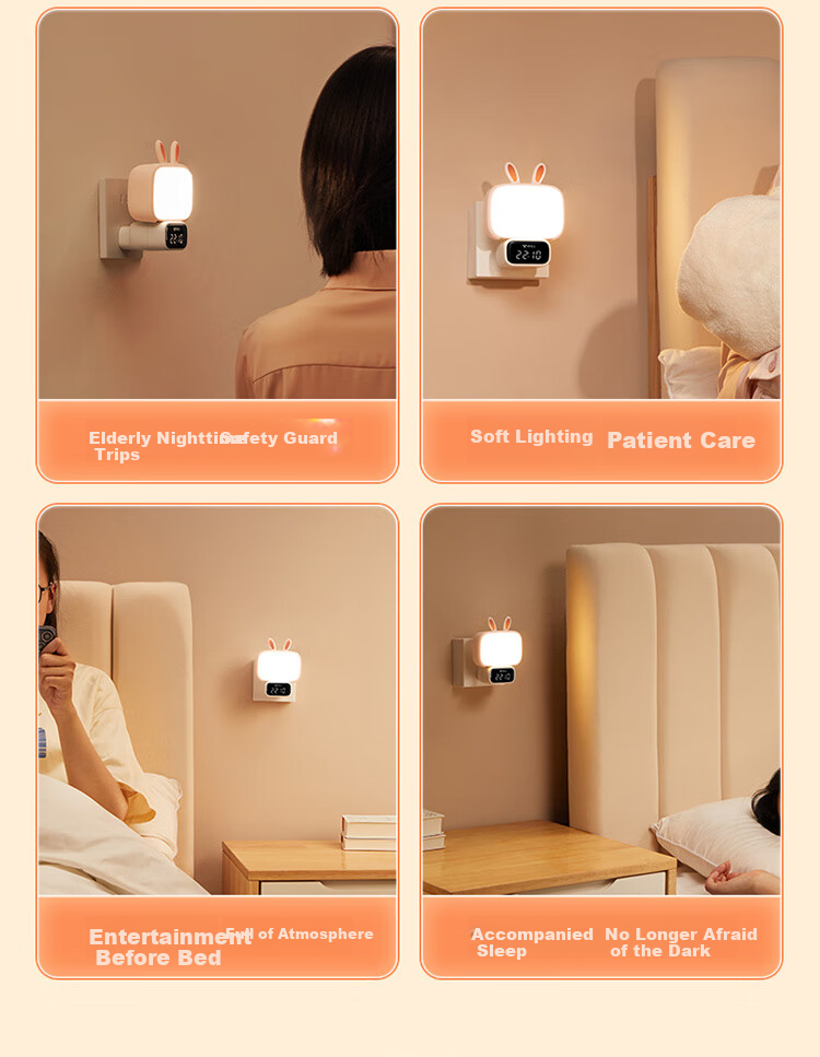 BULL Cute Rabbit Night Light, Ambient Light, Three-Level Color Adjustment, Stepless Dimming, Timer, Wireless Remote Control, 500mAh Battery-Powered Clock Model 11