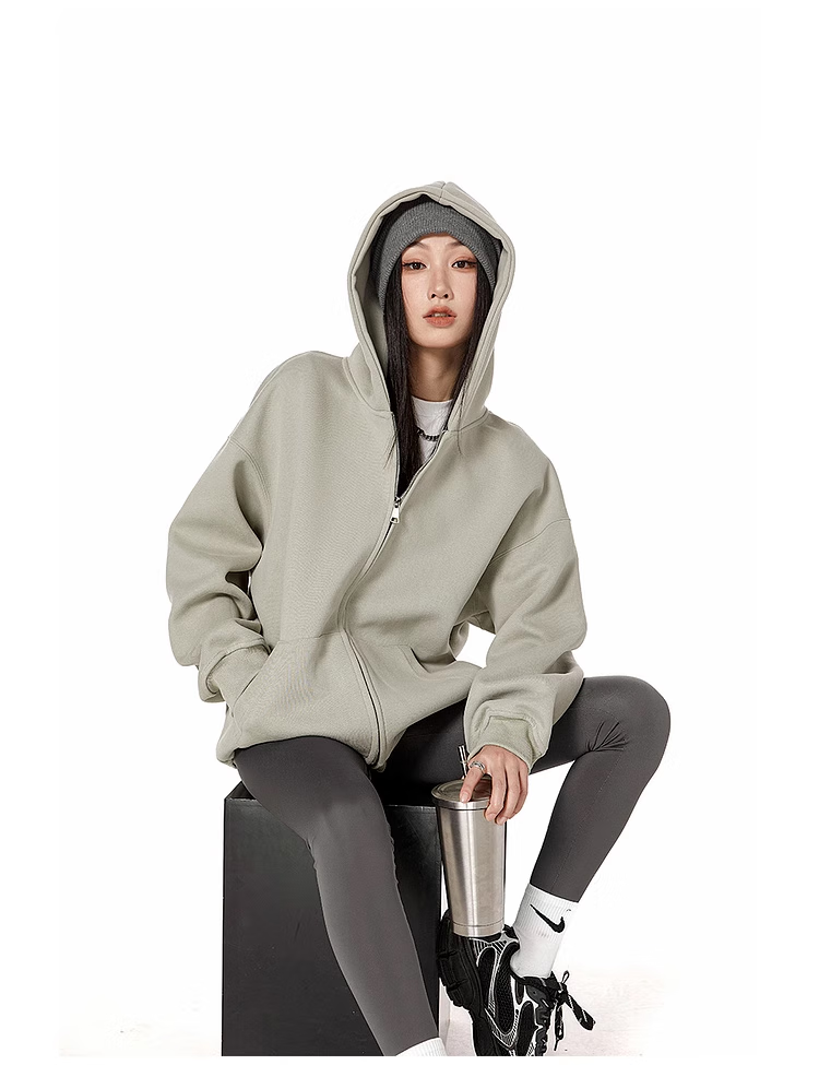 ICH MODE Fleece-Lined American Style Hoodie Jacket Women Autumn Winter Loose Fit Double Zipper Cardigan Lazy Long Sleeve Coat Black L 19