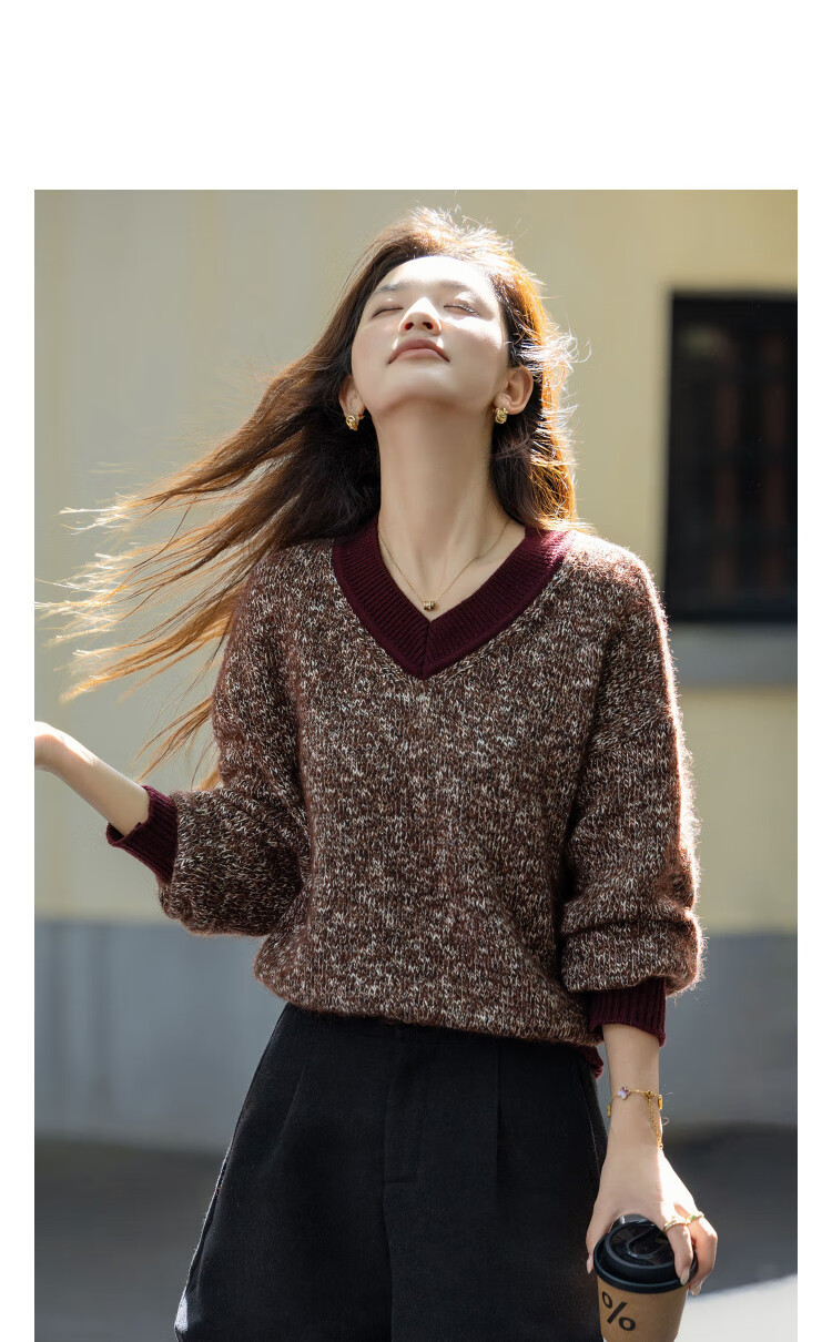 Demana Sheep Wool Cotton Blend Autumn Textured Tweed V-Neck Colorblock Loose Knit Sweater for Women 1