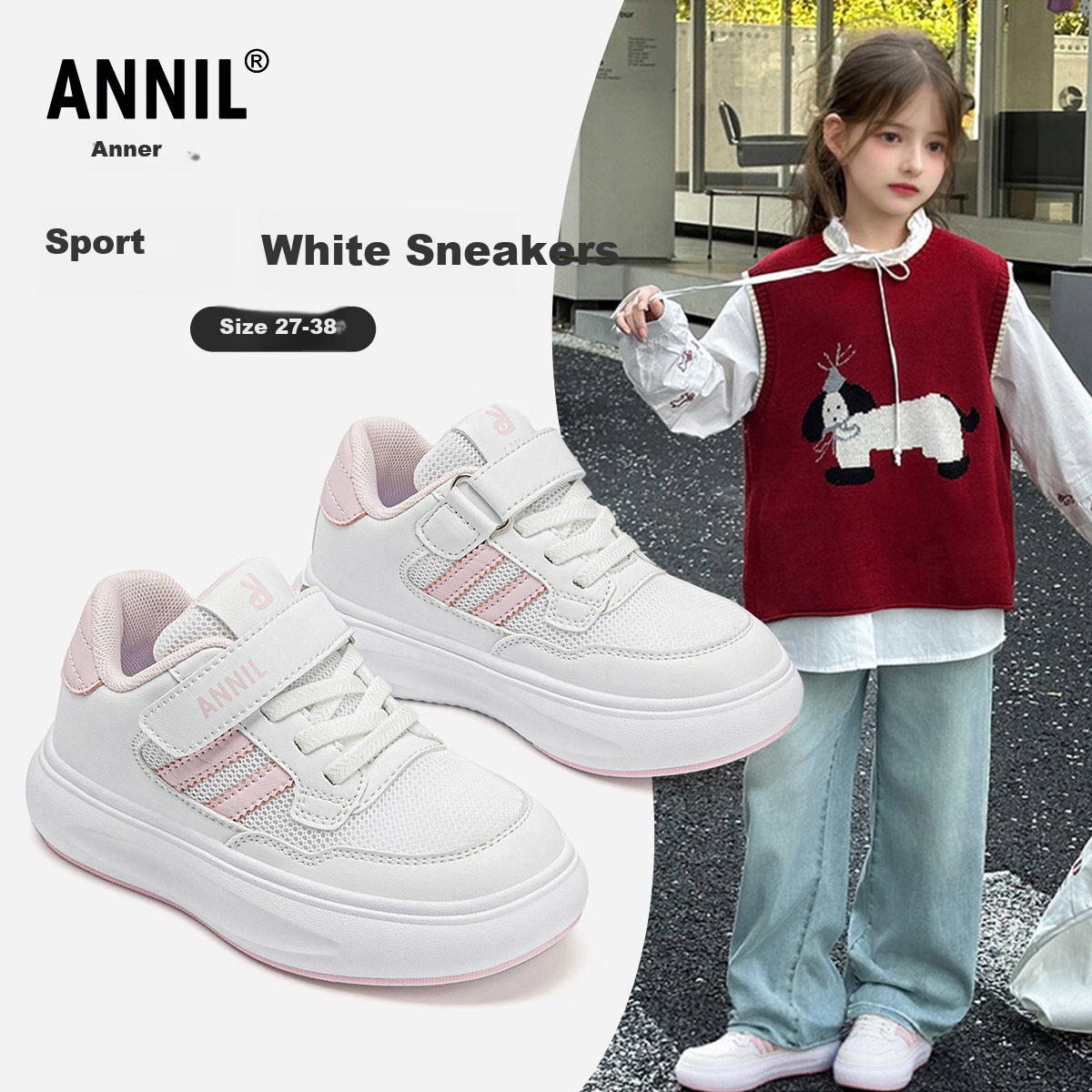 ANNIL Girls' White Sneakers, New Spring Style, Breathable Mesh Upper, Children's Casual Skateboard Shoes, 4211 Pink, Size 30