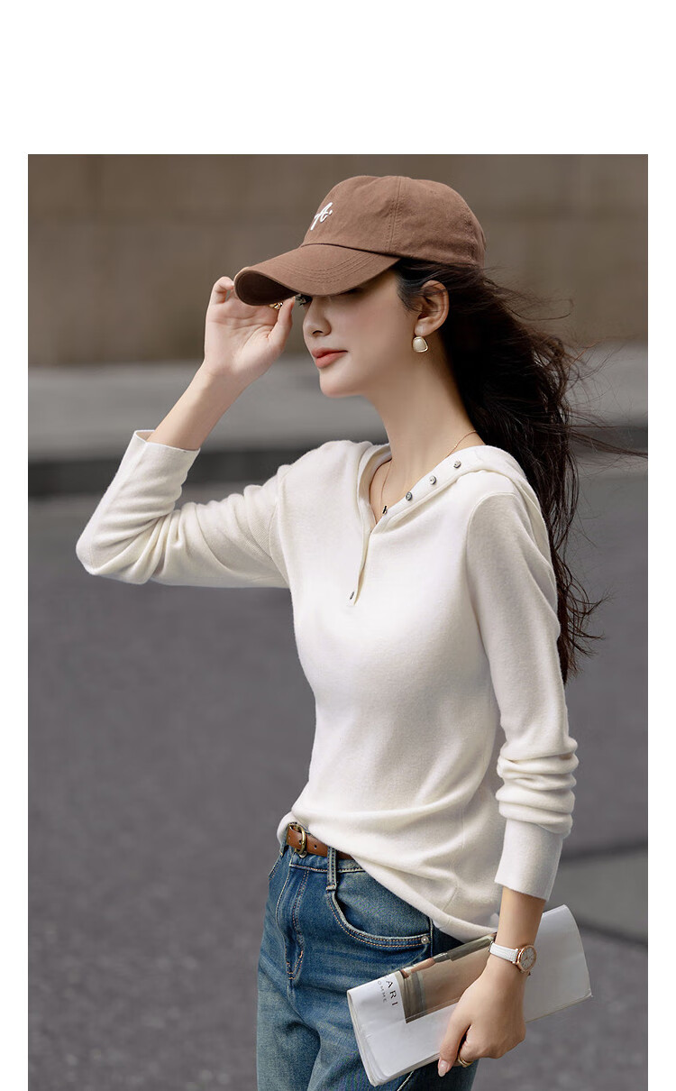 Demana Plush 100% Wool Autumn Simple Style Hooded Shell Button Stretch Knit Sweater for Women 1