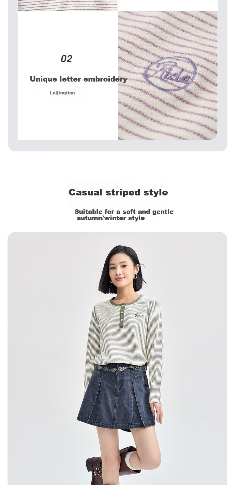Giordano Women's Striped Embroidered Pullover T-Shirt, Contrasting Color Henley Collar Long Sleeve Tee for Women 13324704 5