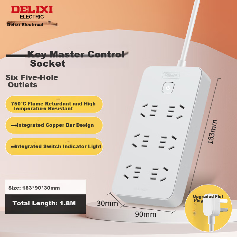DELIXI National Standard Power Strip/surge Protector/power Bar/power Strip/extension Cord/power Board/power Strip with Master Switch, 6 Outlets, Five Holes, 1.8 Meters, Moonlight Gray