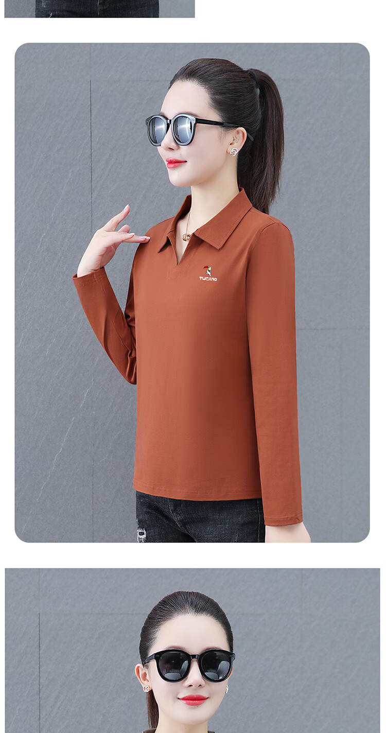 Woodpecker Women's Long Sleeve Polo Shirt Autumn New Pure Cotton Casual Plus Size Caramel L 4