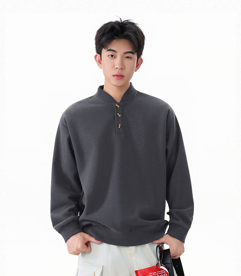 Homlean Heavyweight Henry Collar Solid Color Sweatshirt Men Autumn Fashion Casual Loose Base Shirt HQ00 Black 4XL 15