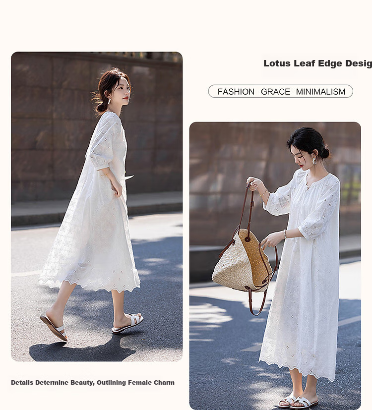 Demana Fresh Cotton Spring Autumn Water-Soluble Lace Embroidered Tea Break Dress with Tassel Cotton Rope and Ruffle Hem Women's Dress 5