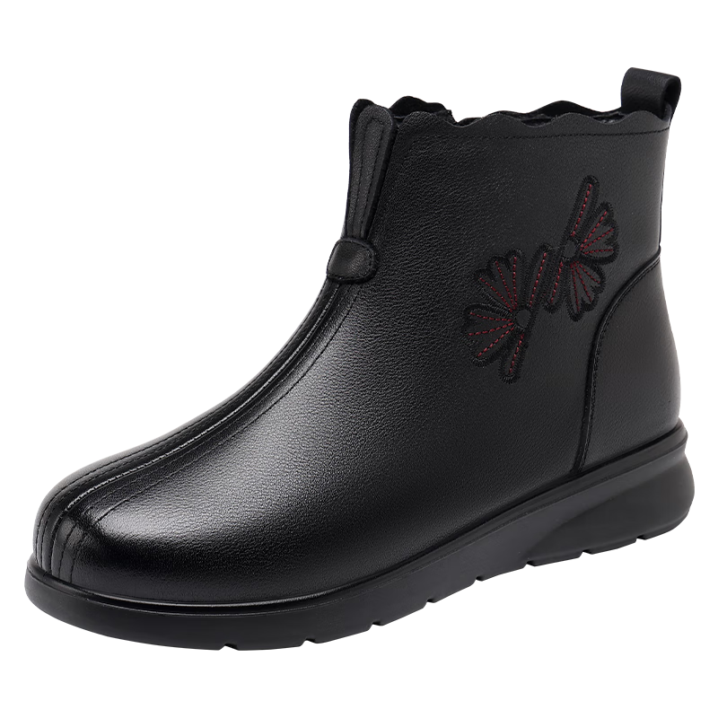 Red Dragonfly Women's Winter Fleece-Lined Leather Ankle Boots Lightweight Soft Sole Fashionable Warm Cotton Shoes WTC457421C Black Size 37