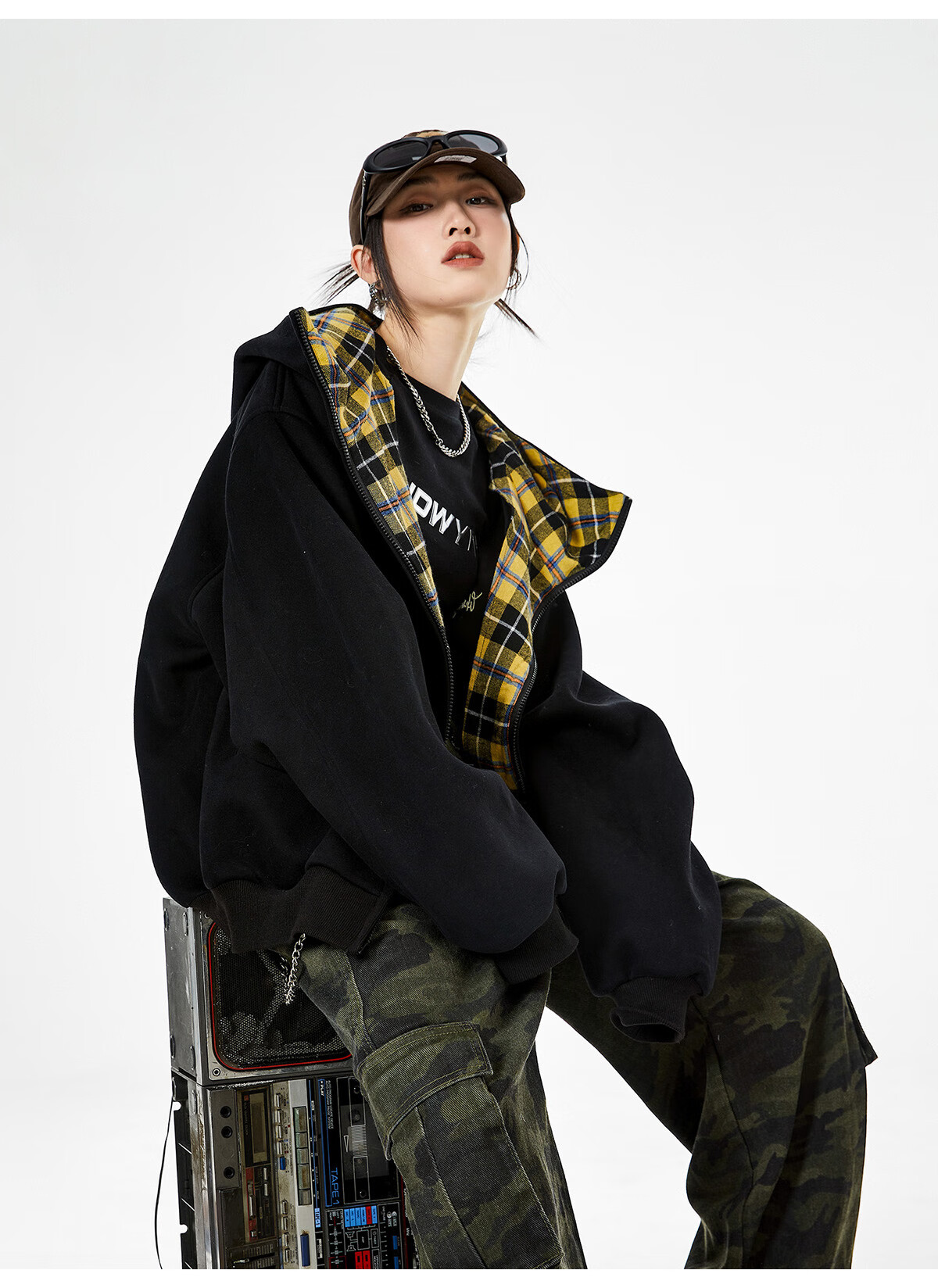 ICH MODE Celebrity Style American Plaid Patchwork Cardigan Sweatshirt Autumn Jacket Sports Cardigan Top Women Heather Gray XL 49