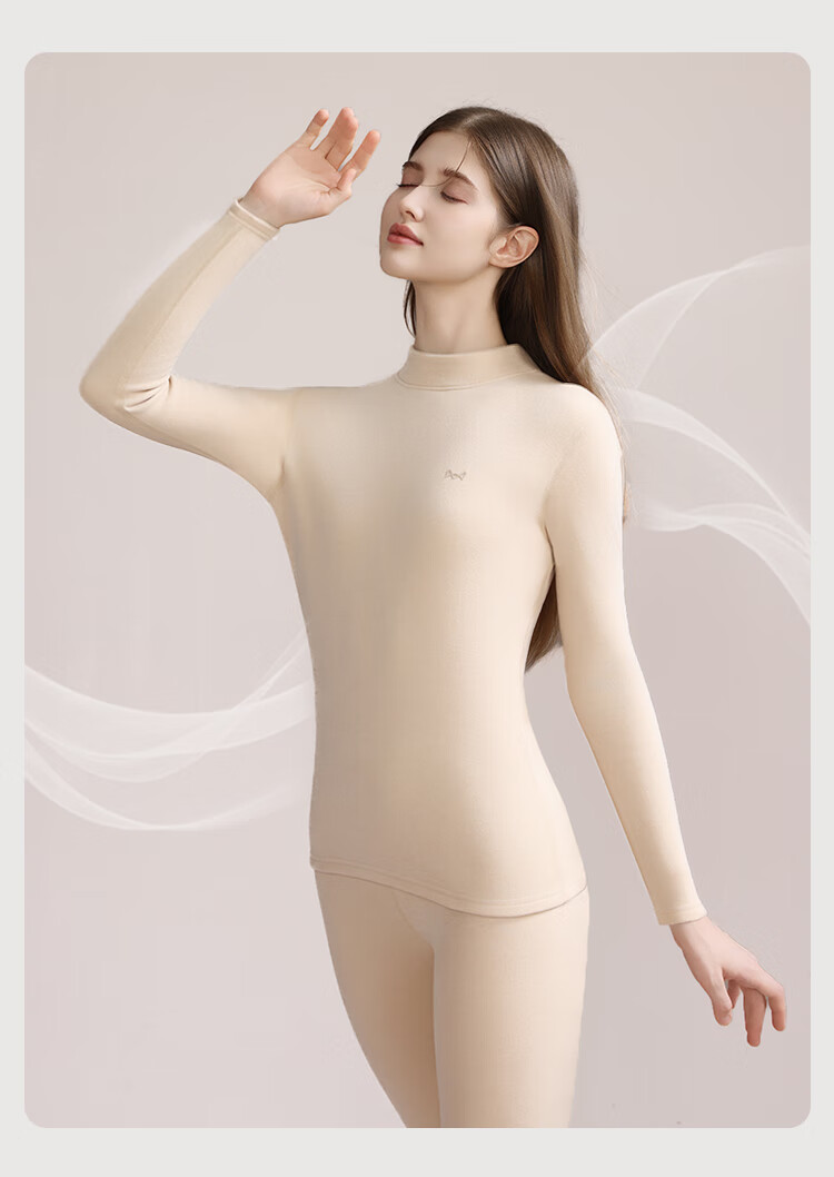 Miiow Women's Thermal Underwear Set Mid-Neck Goose Down Cashmere Silk Fleece Lined Thickened Warm Set 15