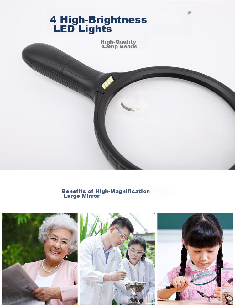 JAJALIN Ultra-Clear High-Magnification Handheld Magnifying Glass for Elderly And Children's Reading, Main Lens 3x Secondary Lens 6x Large Magnifying Surface with LED Light 2