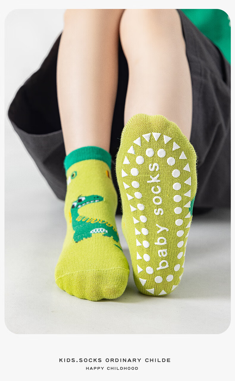MiiOW Kids Non-Slip Anti-Cold Cotton Autumn Winter Boys Floor Socks Cartoon Green Dinosaur Sports Indoor Baby Socks 14