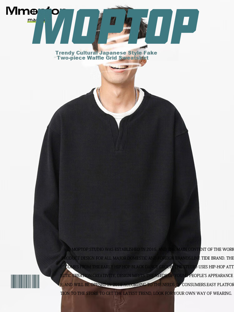 MMOPTOP Japanese-Style Color-Block Faux Two-Piece Crew Neck Sweatshirt, Spring And Autumn Men's Loose Comfortable Top, MWY15 Black XL 1