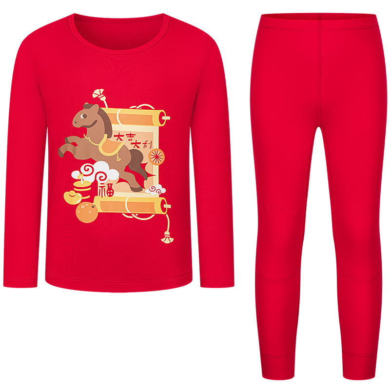 AIMER KIDS Small Heater [Medium Warm] Thermal Underwear Set Antibacterial Anti-Mite Red Autumn Clothes and Pants Year of the Horse Size 110