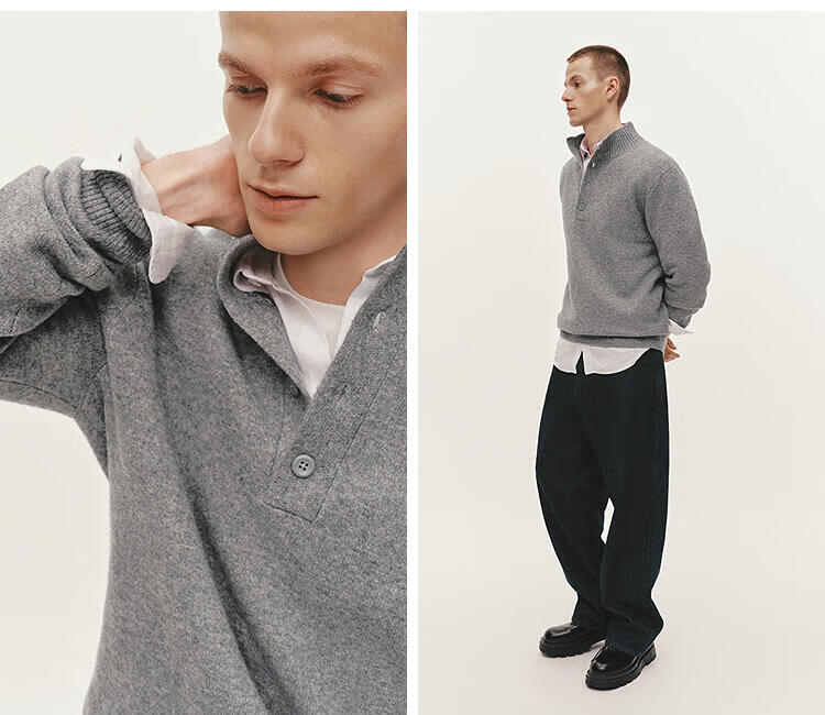 Semir Wang Anyu Same Style Senrou Wool Blend Men's Half-Placket High Neck Knit Sweater Wool 25% Sweater 109725107105 3
