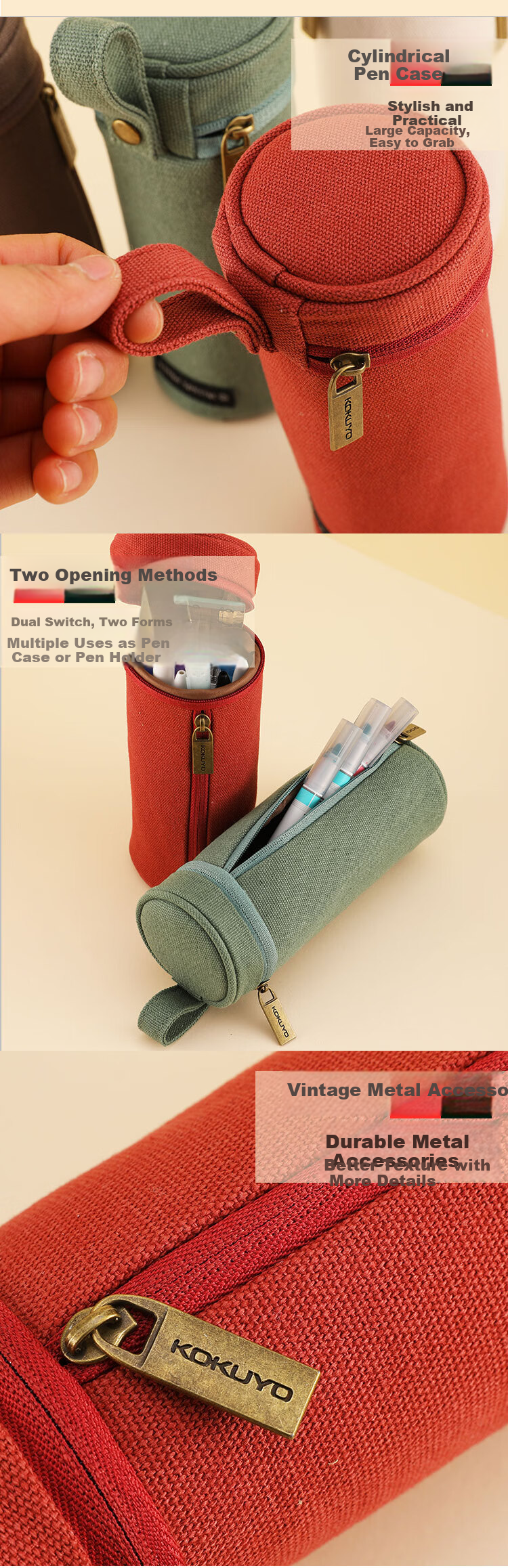 KOKUYO One-Meter New Pure Cylinder Pencil Case, Large Capacity Stationery Storage Box, Double-Sided Opening Zipper, Beige, 1 Piece WSG-PCS262NLY, Student-Friendly, Aesthetically Pleasing 5