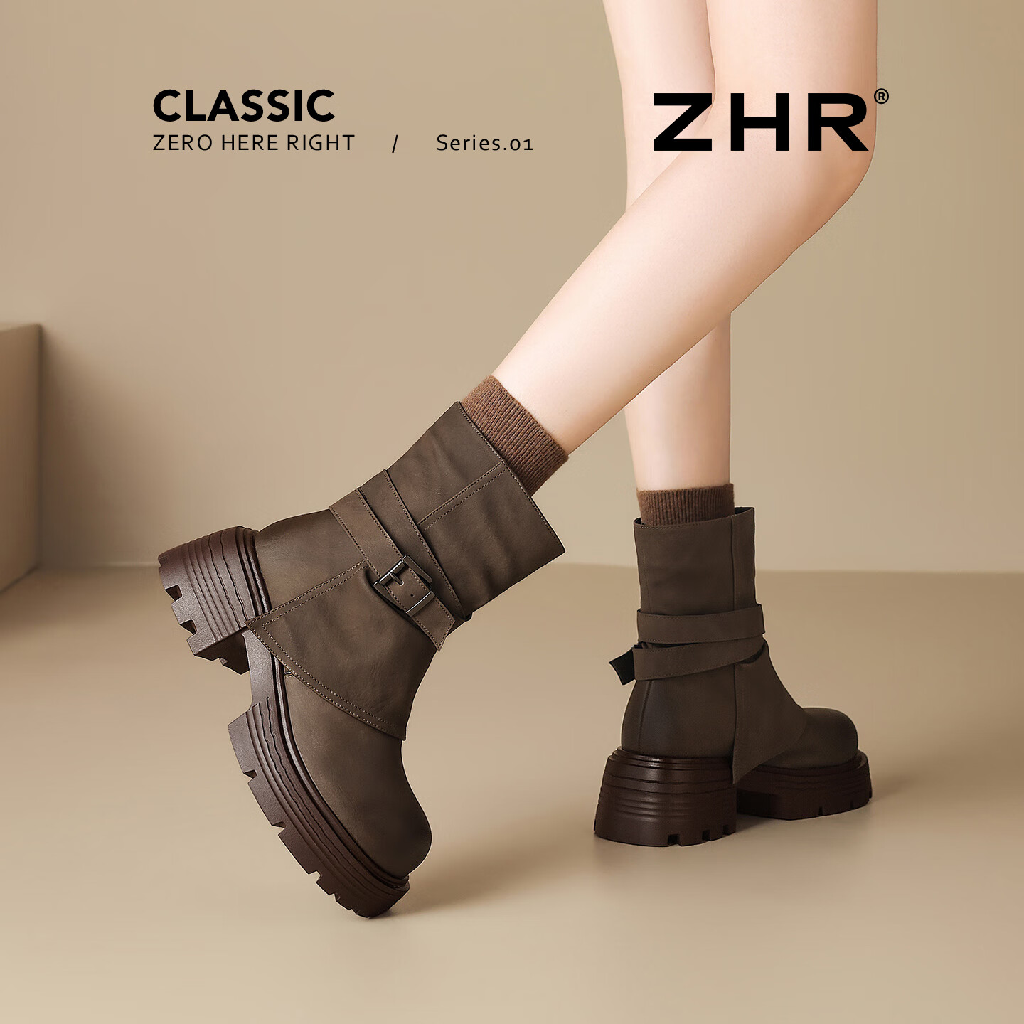 ZHR [Xu Ruohan Same Style] Women's Fleece-Lined Short Boots Winter Thick-Soled Martin Boots Snow Boots KN261A Brown Size 36