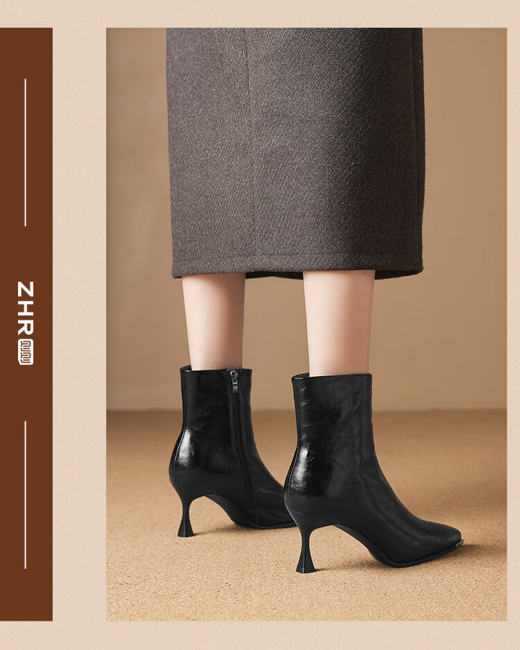 ZHR Pointed Toe Fleece-Lined Women's Ankle Boots Elegant Versatile Commuter Stiletto High Heel Boots BQ137A Black Size 39 1