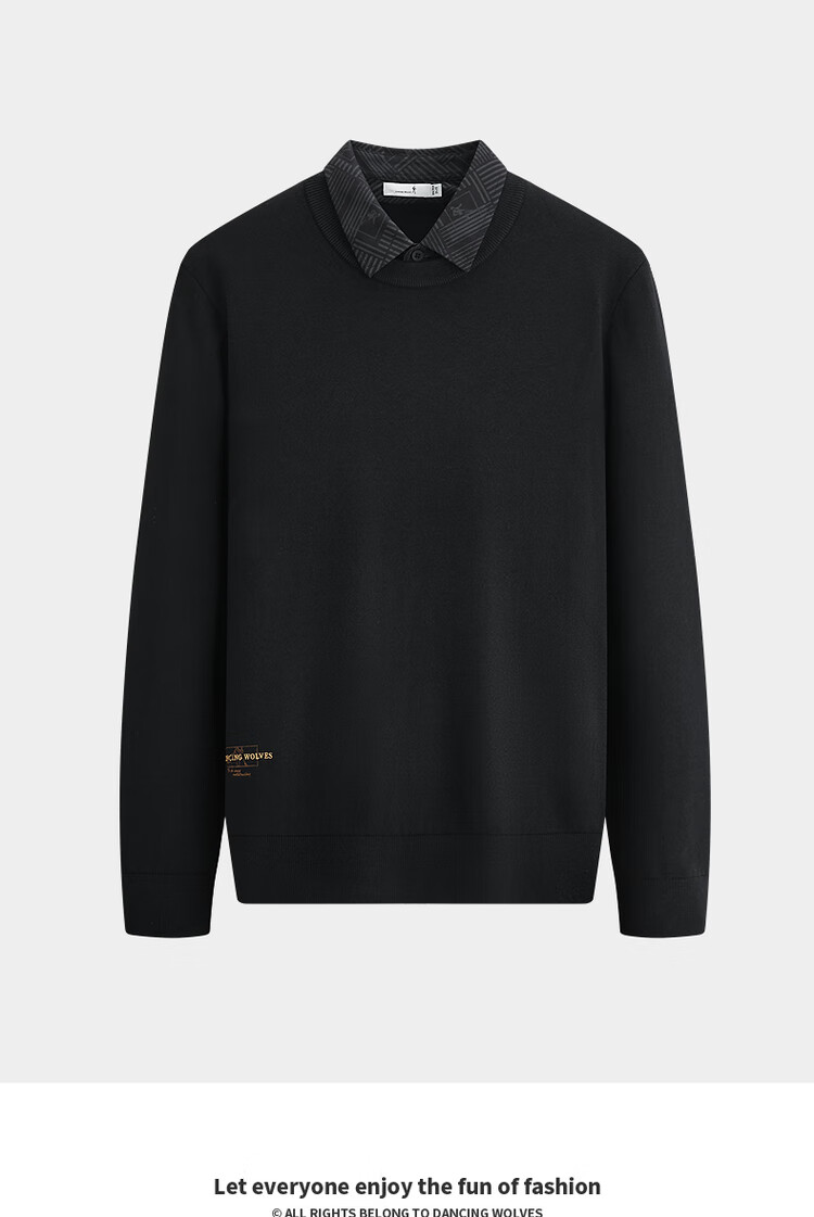 Dance with Wolves [Wool Blend] Faux Two-Piece Lapel Sweater Men Exquisite Embroidery Warm Versatile Knitwear 001 Black L 1