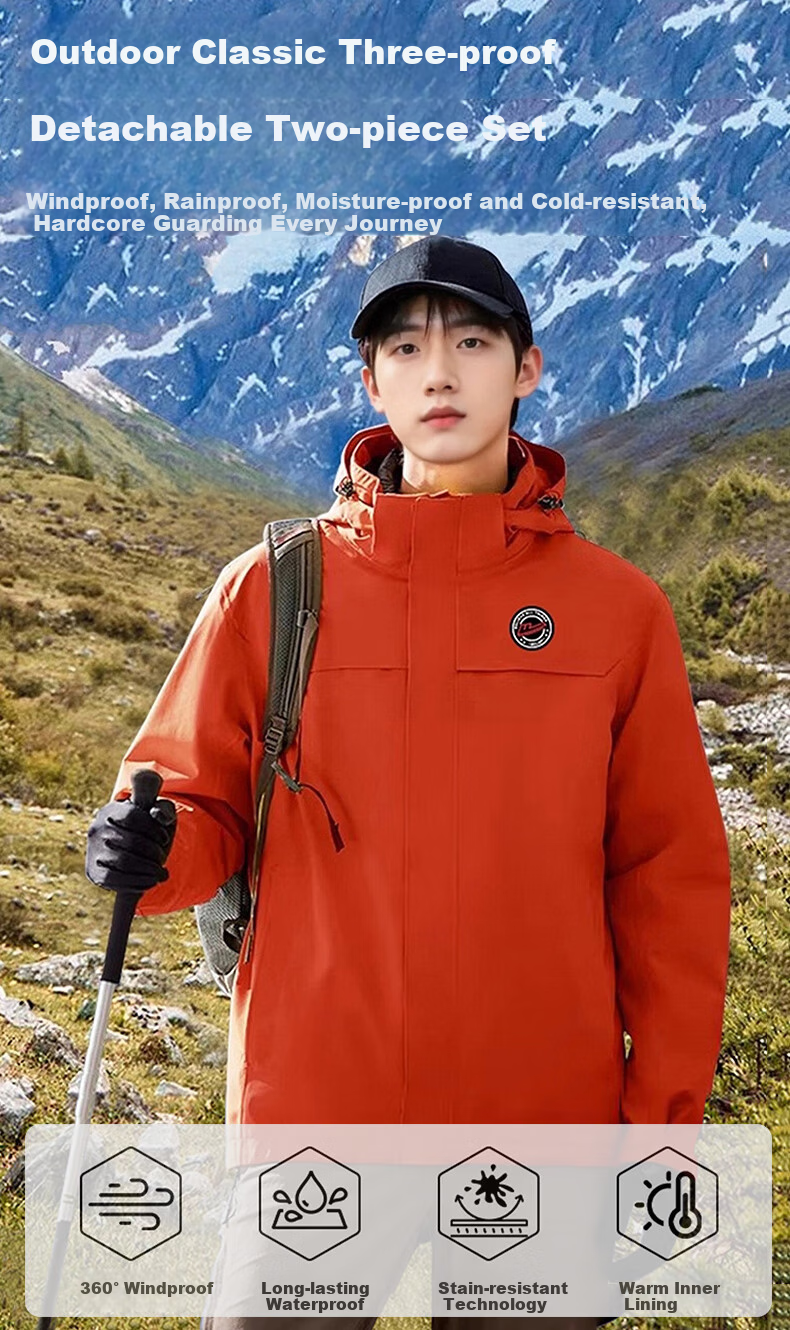 Huili Men's Outdoor Three-In Jacket with Fleece Inner Layer, Windproof And Warm Detachable Hiking And Mountaineering Coat for Me 1