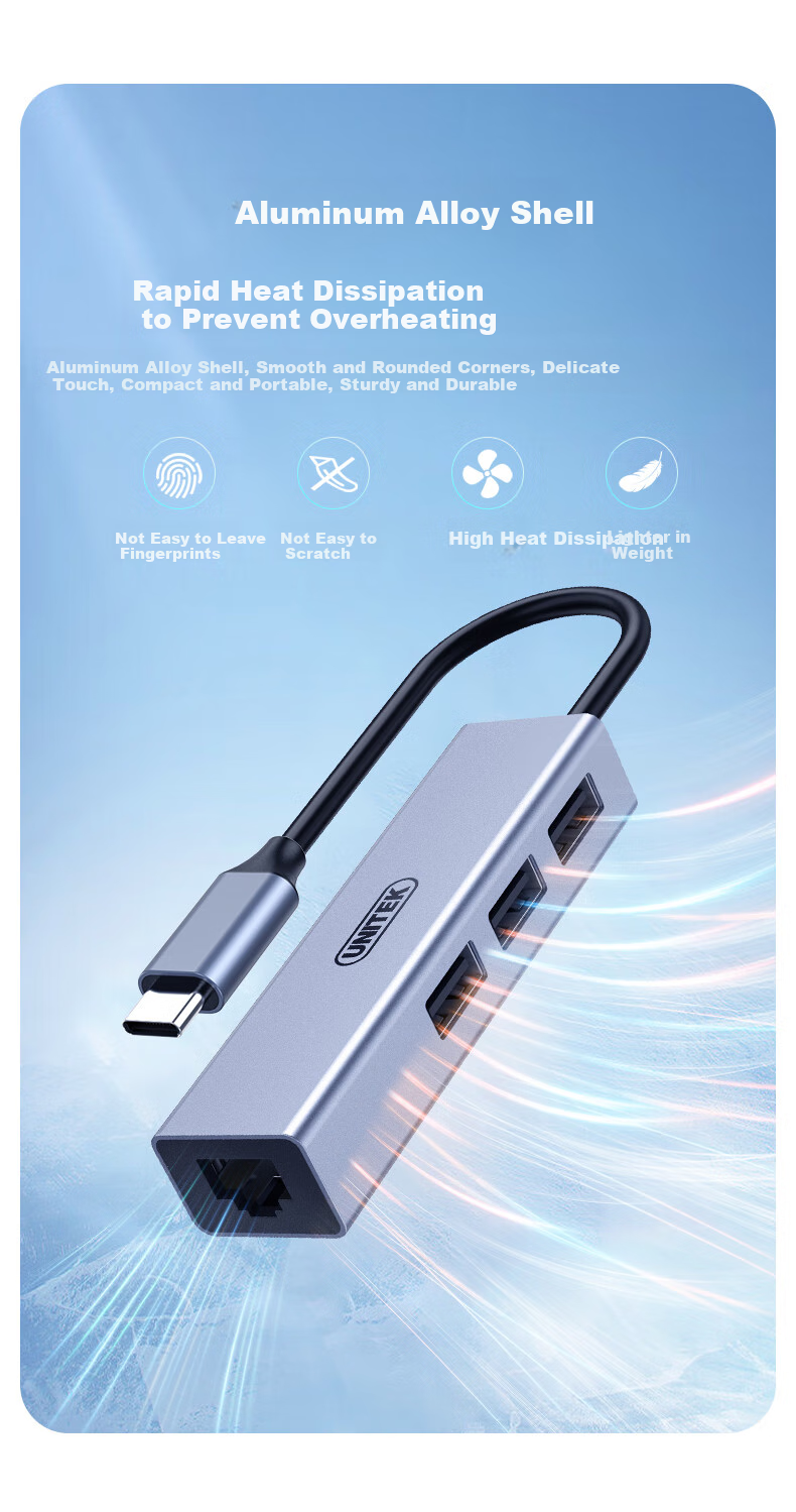 UNITEK USB-C to Ethernet Adapter, USB Hub Expansion Dock, Compatible with Huawei, Apple, Xiaomi, Lenovo Laptops, 100Mbps Network Card Expansion Converter H205B 12