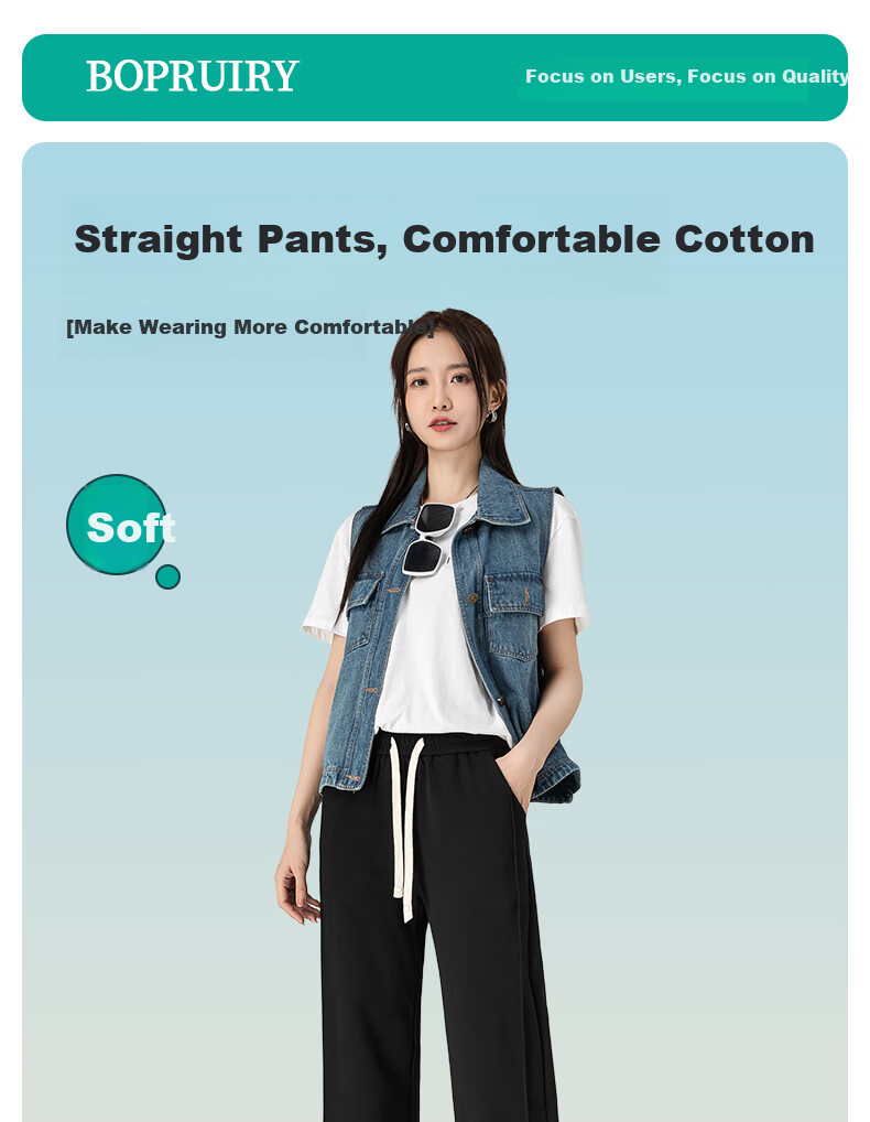 BOPRUIEY Black Slim Wide-Leg Pants for Women, 2026 Spring Style, High-Waisted Casual Slimming Draping Straight Cotton Trousers 1